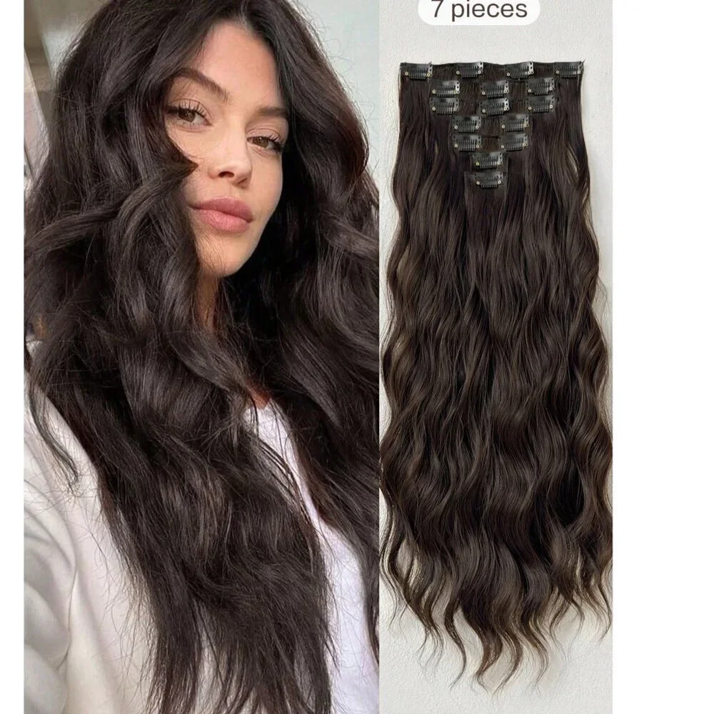 Dark Brown Water Wave Clip in Hair‎ Extensions - Human hair Blend